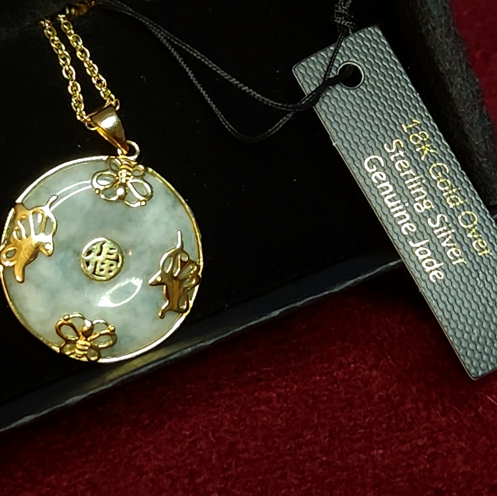 18K Gold Jade "Good Fortune" Butterfly Pendant Necklace Over Sterling